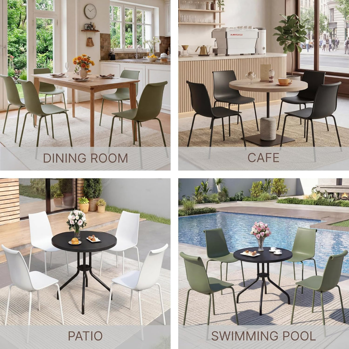 KISLOT Dining Chairs Set of 4, Plastic Outdoor Dining Room Chairs with Metal Legs, PP Anti-UV Stackable Patio Chairs with Ergonomic Back & Curved Seat for Kitchen Swimming Pool, Easy Assembly, Black