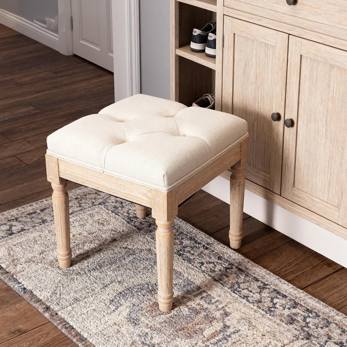 Square Vanity Stool Bench, 15.7" Small Ottoman Foot Stool with Padded Button Tufted Seat, Upholstered Ottoman Bench Chair for Makeup Room, Living Room, Bedroom, Piano, Foot Rest, Beige
