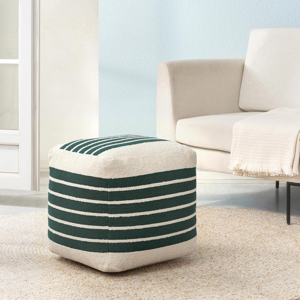 Anji Mountain Artisan Crafted Cotton Blend Pouf Ottoman | Versatile Floor Seating & Footstool for Living Room | Modern Boho Home Décor Accent | Filled Pouffe | Soft & Fluffy Ottoman Pouf, Lightweight, Decorative Floor Pouf Seating for Bedroom & Home