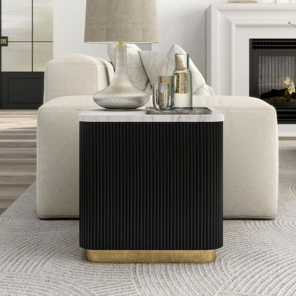 Furniture of America Beryl Modern Square White Genuine Marble Top End Table with Fluted Pedestal Base and Gold Stainless Steel Accent, Low Profile Table for Living Room, Home Office, Black
