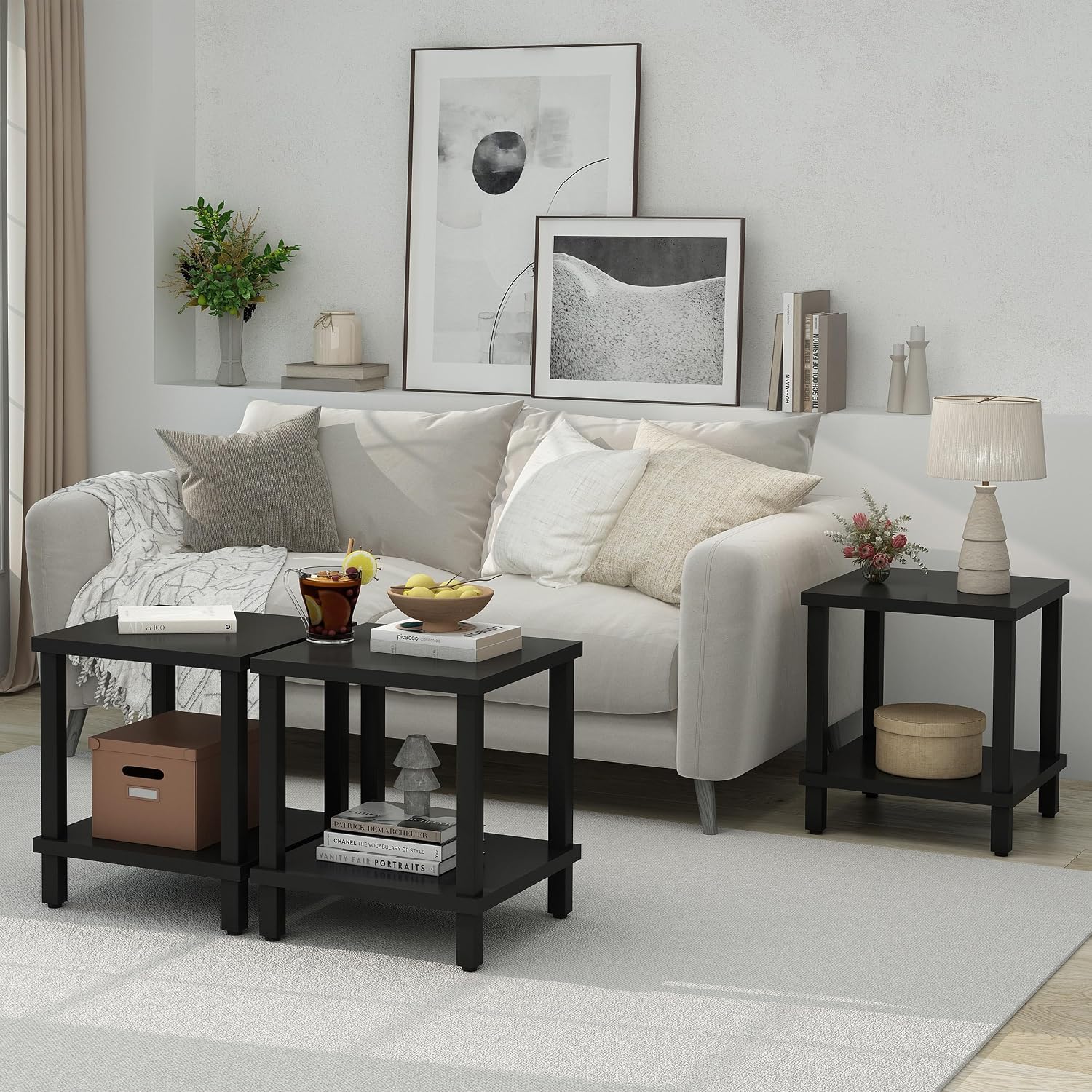 MMEOLUOOK Large End Table Square Side Table Modern Sofa Table 20 Inch Industrial Coffee Table NightStand with 2-Tier Storage Shelf for Living Room Bedroom Black MLBZ06B