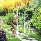 Metal Garden Arbor Arch with Gate and Plant Box, 86.6" H Heavy Duty Garden Trellis with Butterfly Decor for Outdoor Climbing Plants Support, Cream White
