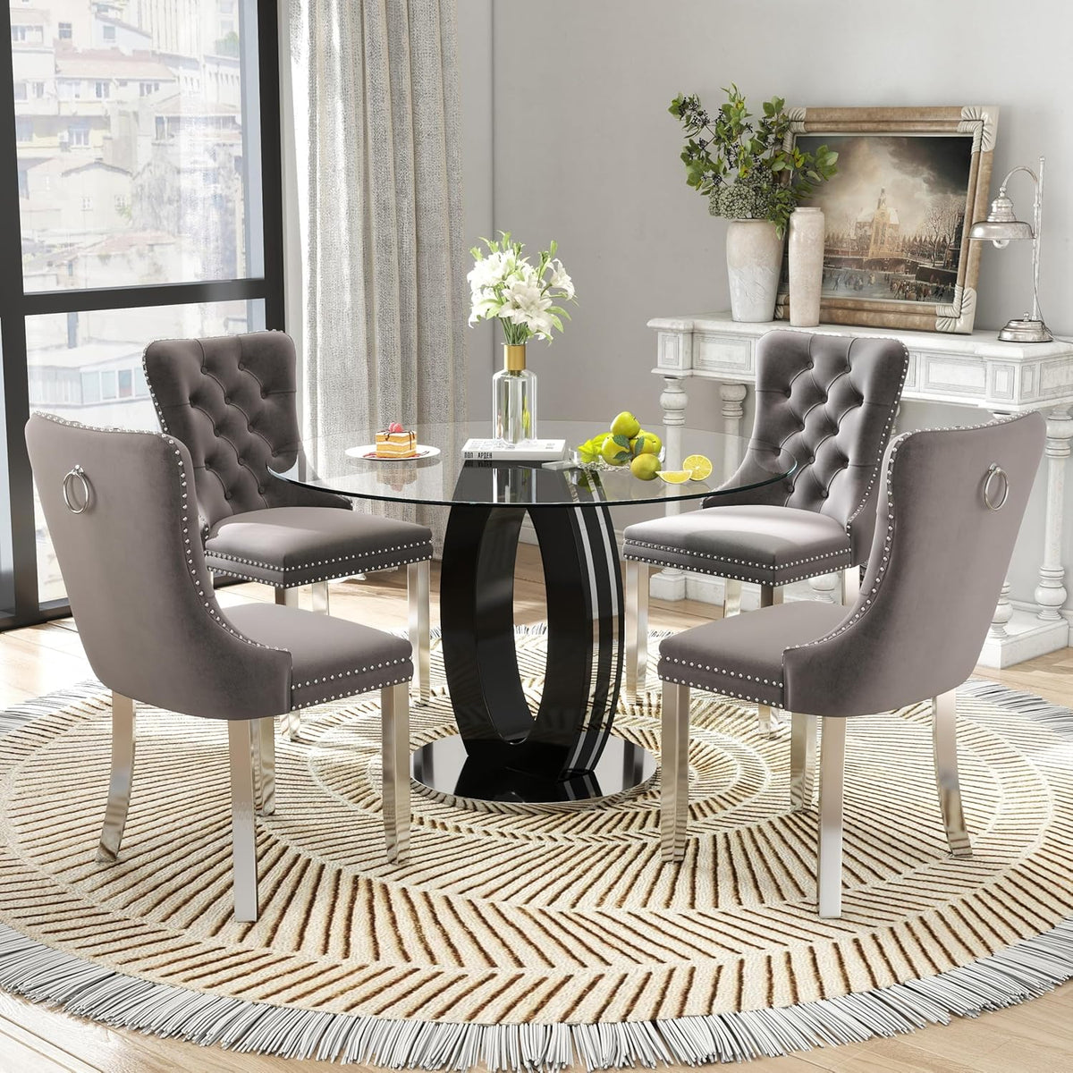 RGZ 5 PCS Luxury Clear Glass Round Dining Table Set, 39'' Modern Circle Glass Top Kitchen Table with Black Silver Legs & 4 Gray High-end Tufted Chairs for Apartment Home Dining(Silver Base)