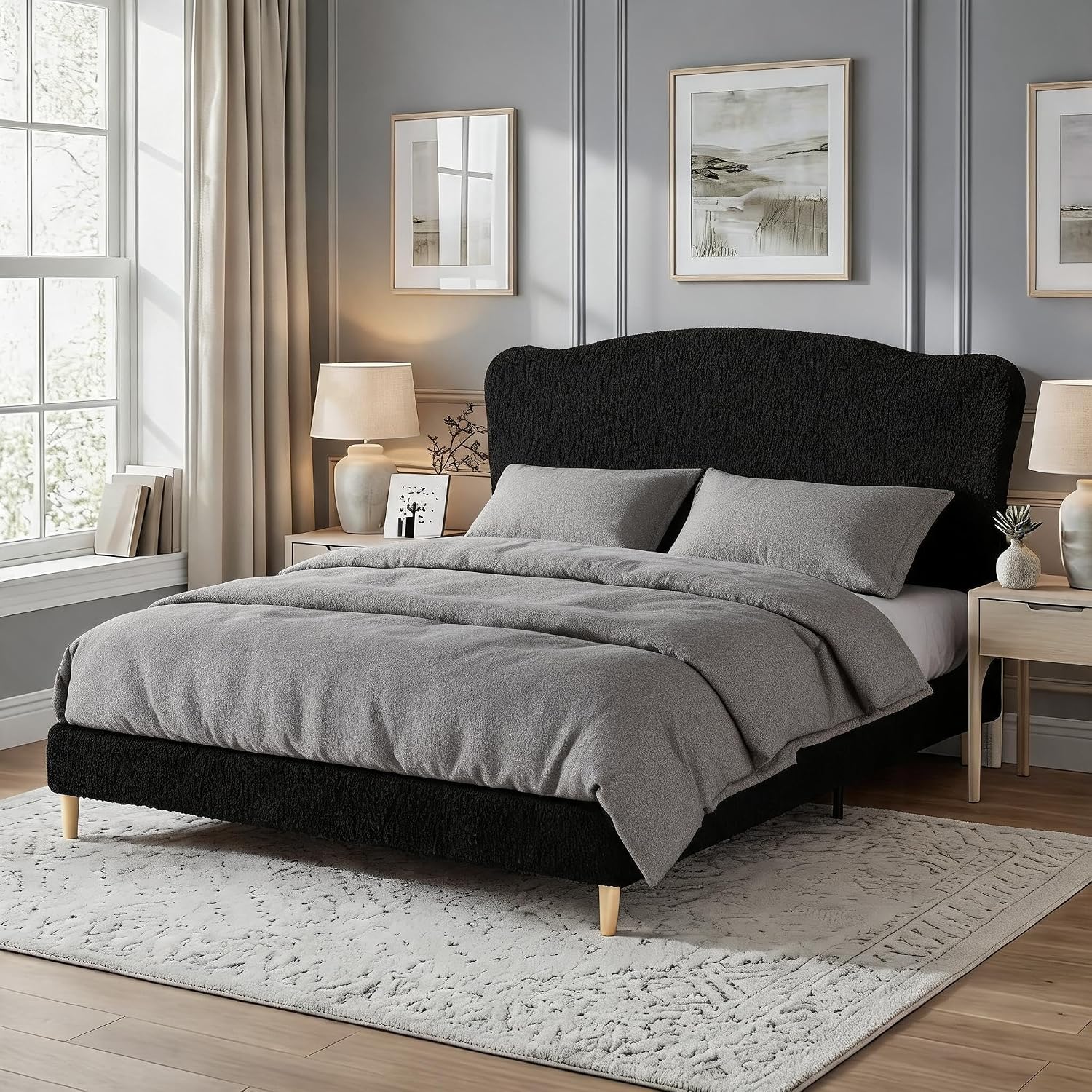 Garvee Bouclé Queen Size Bed Frame with Upholstered Headboard, Black