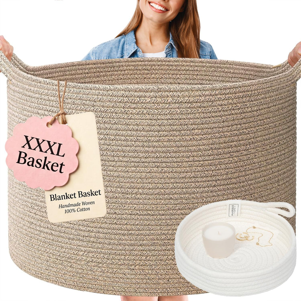 Huddle XXXLarge WASHABLE Blanket Basket for Living Room,Toys Storage, Baby | Woven Decorative Soft Cotton Rope Big Blanket Basket+Mini Basket for Nursery, Dog Toys, Storage, Organization 22x14 Oatmeal