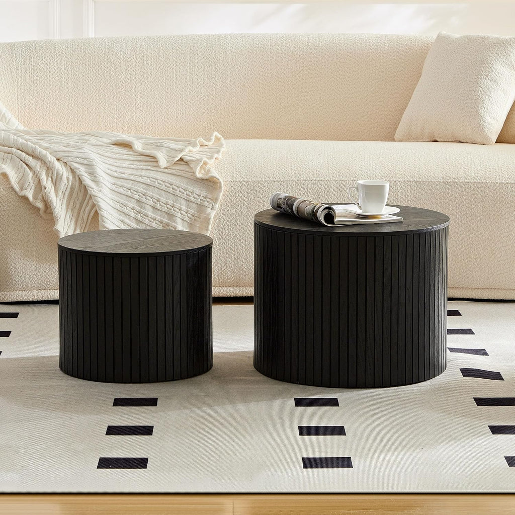 Round Nesting Coffee Table Set of 2, Wood Side Tables with Storage | Fluted Walnut Accent and End Tables Sets, Mid Century Modern, Living room, bedroom, office, small spaces, Black