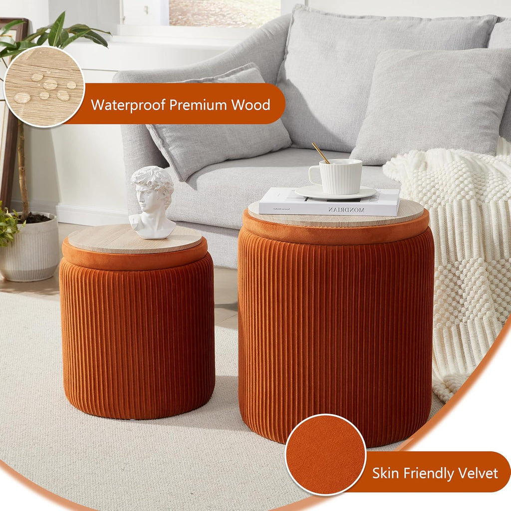 Royal Windsor Round Ottoman with Storage Set of 2, Storage Vanity Stool | Velvet Upholstered Round Storage Ottoman, Ottoman Coffee Table, Small Foot Stool for Living Room & Bedroom, Orange