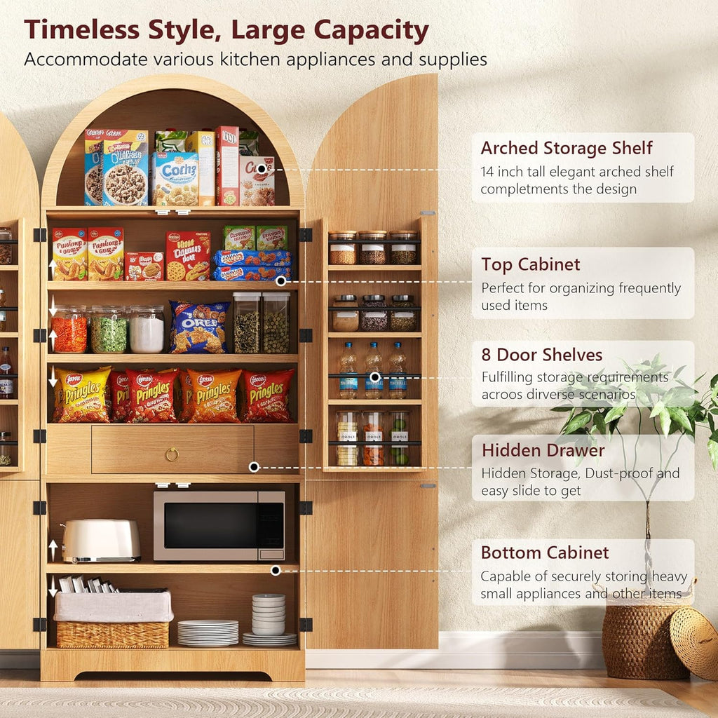 72’’ Tall Arched Kitchen Pantry Cabinet with Drawer & Adjustable Shelves, Modern Fluted Cupboard Storage Cabinet for Living Room Utility Room, Natural