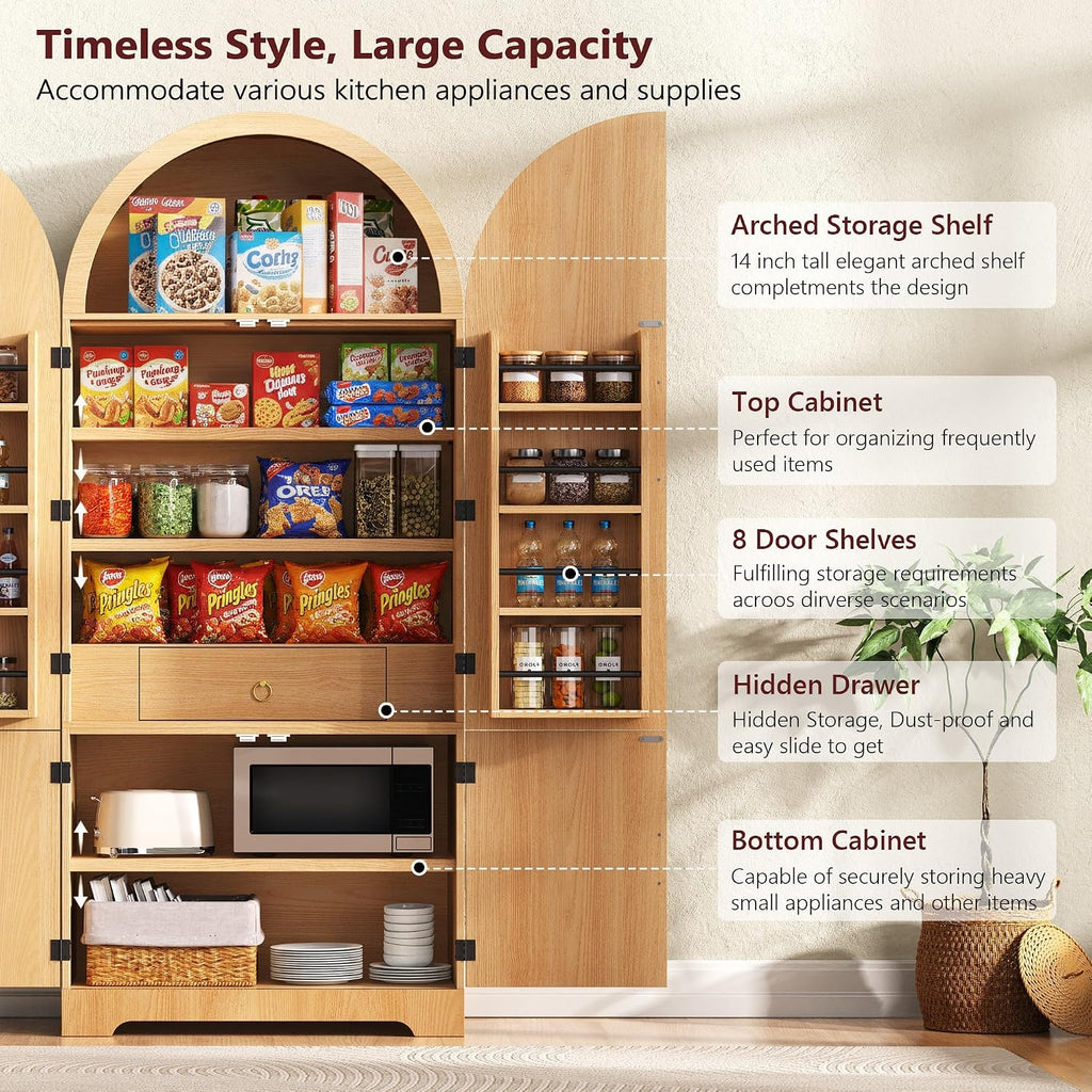72" Tall Arched Kitchen Pantry, Mid-Century Fluted Wood Storage Cabinet with 4 Doors, 3 Adjustable Shelves, 8 Door Shelves, 1 Hidden Drawers, Versatile Cupboard for Living Room, Dining Room, Natural