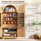 72" Tall Arched Kitchen Pantry, Mid-Century Fluted Wood Storage Cabinet with 4 Doors, 3 Adjustable Shelves, 8 Door Shelves, 1 Hidden Drawers, Versatile Cupboard for Living Room, Dining Room, Natural