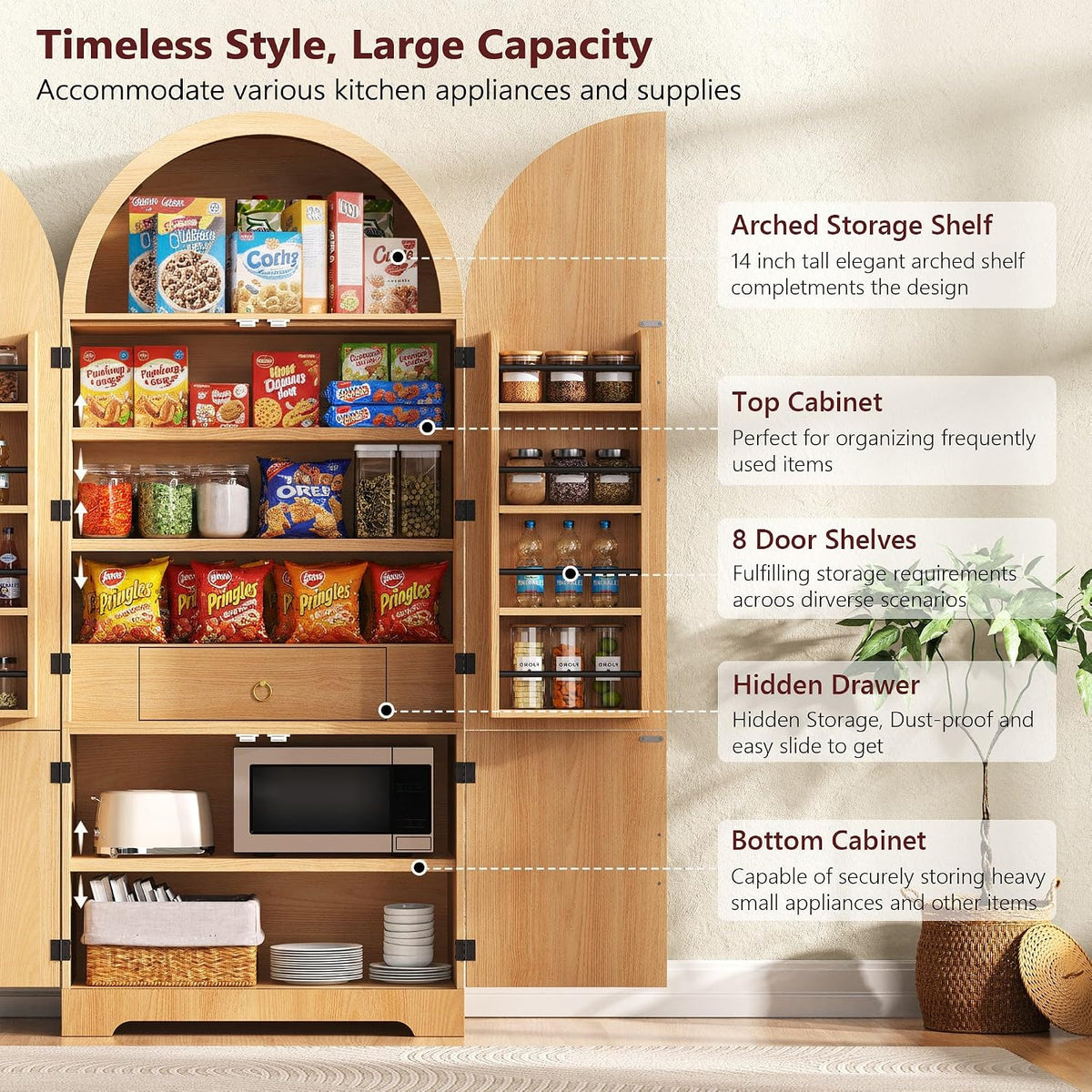 72" Tall Arched Kitchen Pantry, Mid-Century Fluted Wood Storage Cabinet with 4 Doors, 3 Adjustable Shelves, 8 Door Shelves, 1 Hidden Drawers, Versatile Cupboard for Living Room, Dining Room, Natural