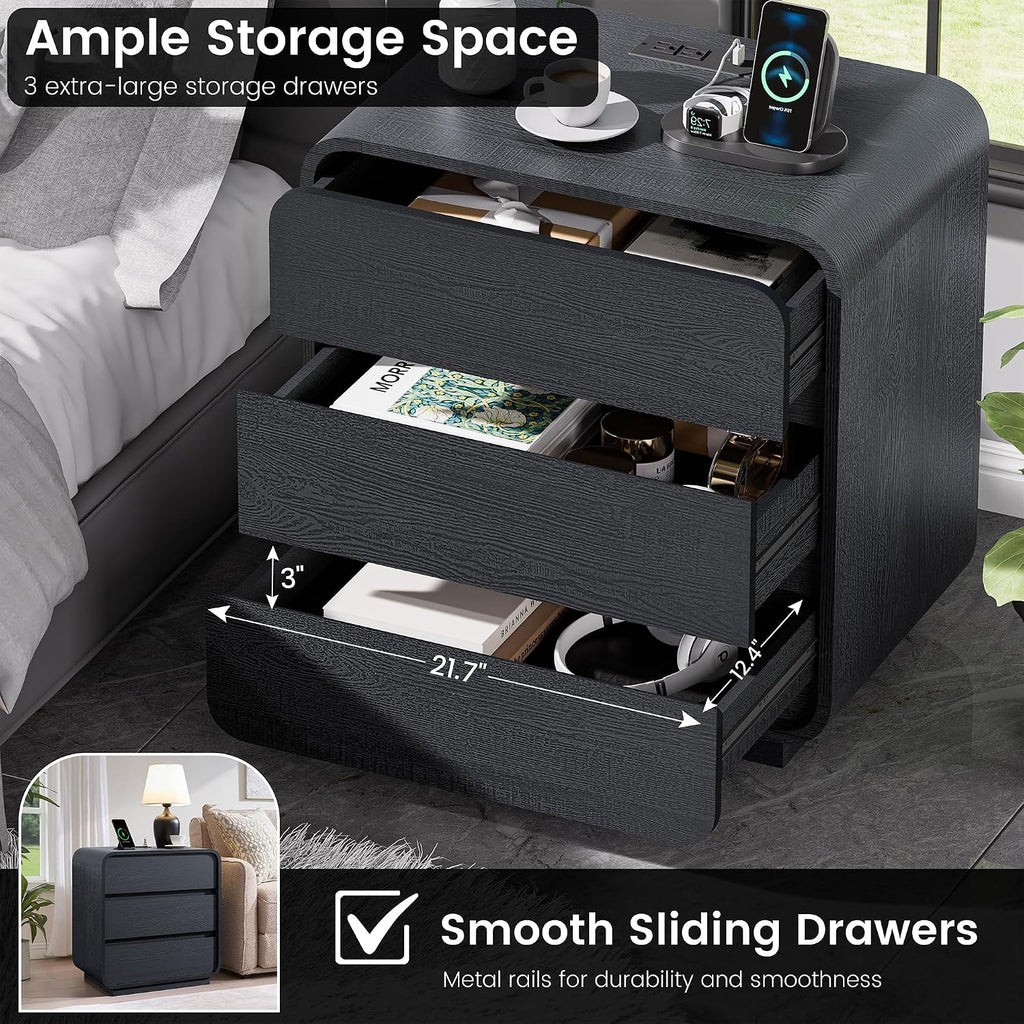 Standifurno Black Curved Night Stand Set of 2 with Charging Station, 25" Tall Wood Bedside Table Nightstand with 3 Storage Drawers, Mid Century Modern End Table for Bedroom, Office