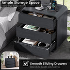 Standifurno Black Curved Night Stand Set of 2 with Charging Station, 25" Tall Wood Bedside Table Nightstand with 3 Storage Drawers, Mid Century Modern End Table for Bedroom, Office