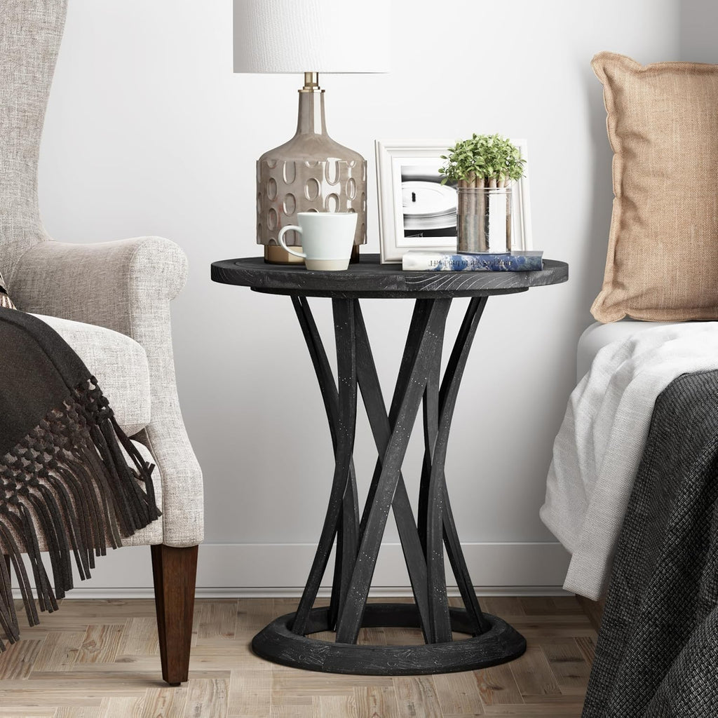 COZAYH Round Farmhouse End Table with Crisscross Pedestal Base, Distressed Finish Side Table Rustic Accent Table for Living Room, Pine Wood, Black