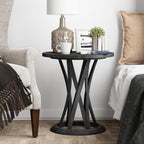 COZAYH Round Farmhouse End Table with Crisscross Pedestal Base, Distressed Finish Side Table Rustic Accent Table for Living Room, Pine Wood, Black