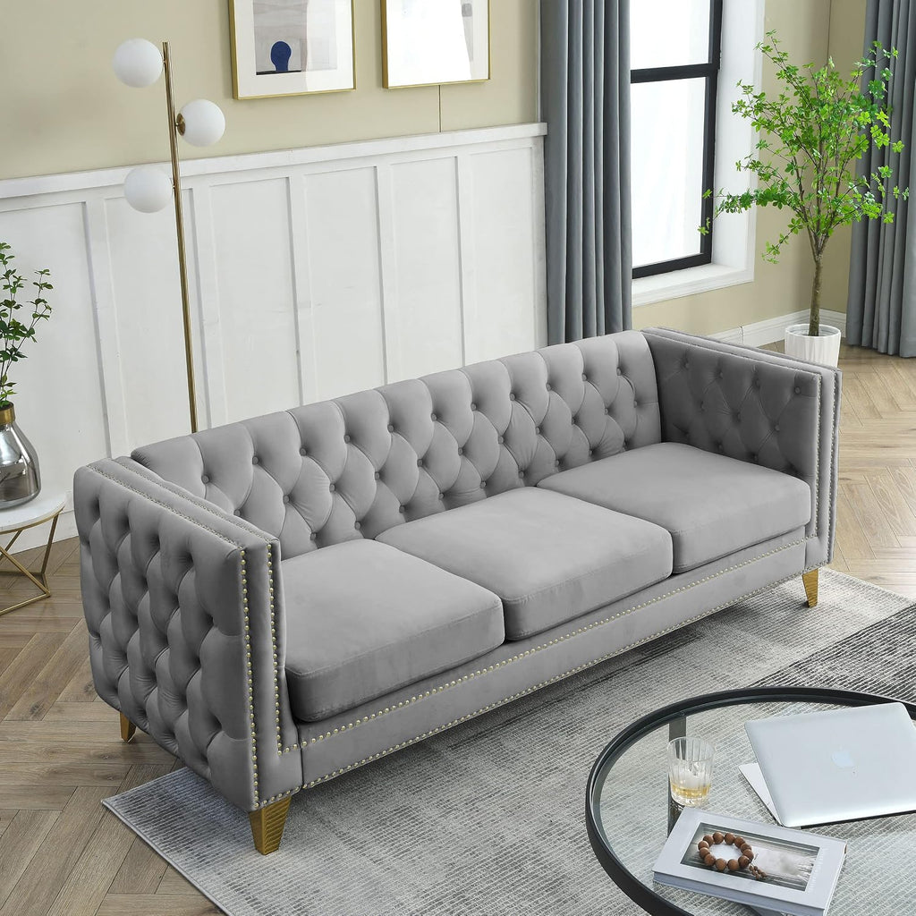 mikibama 80.5" Velvet 3 Seater Sofa Couch for Living Room,Button Tufted 3-Seat Couches with Nailhead Trims,Modern Upholstered Sofas with Golden Metal Legs for Bedrooom,Office