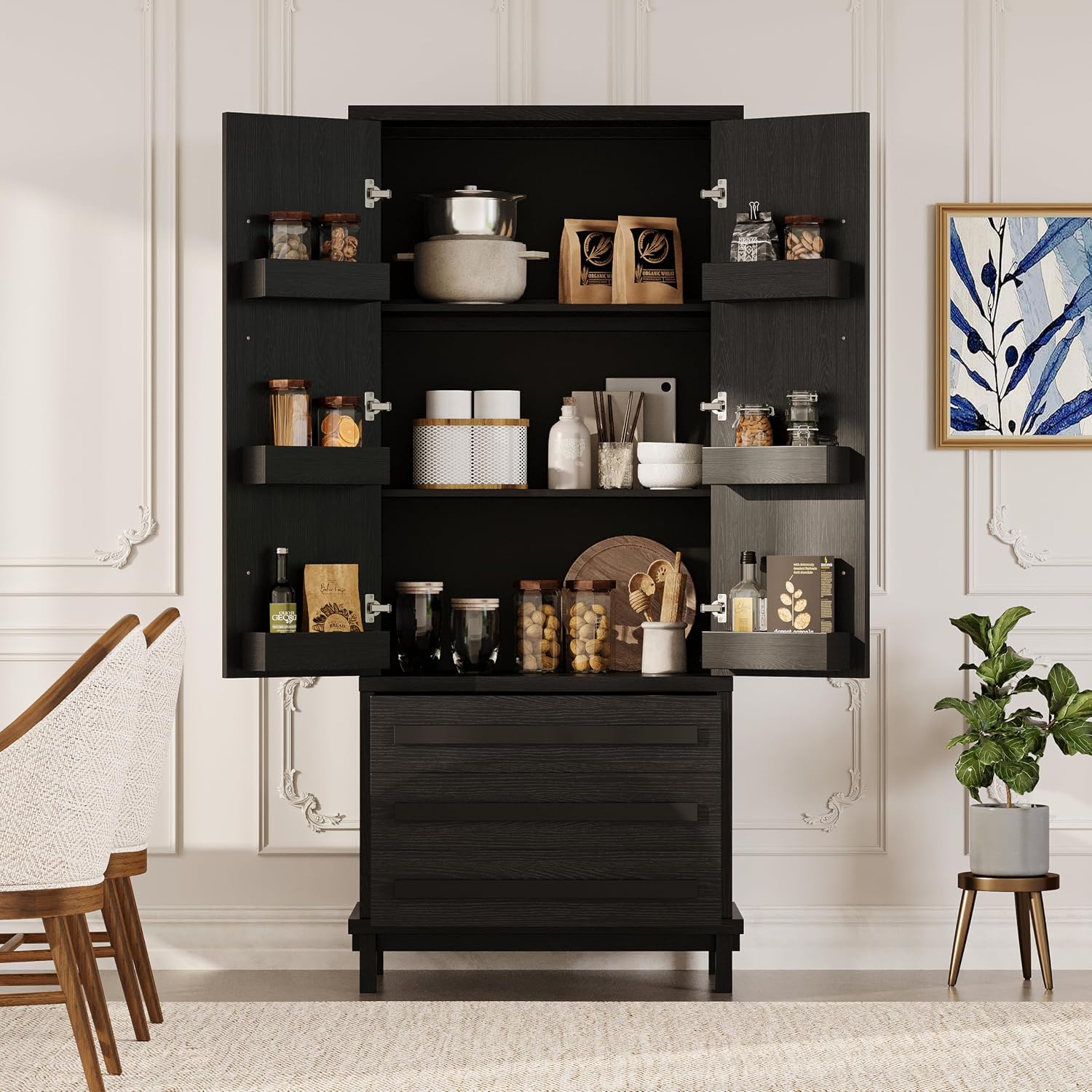 70" Tall Kitchen Pantry Cabinet, Wood Freestanding Storage Cupboard with 2 Cabinet Shelves, 6 Door Shelves and 4 Drawers, Multi-Purpose Storage Cabinet for Kitchen & Dining Room,Black
