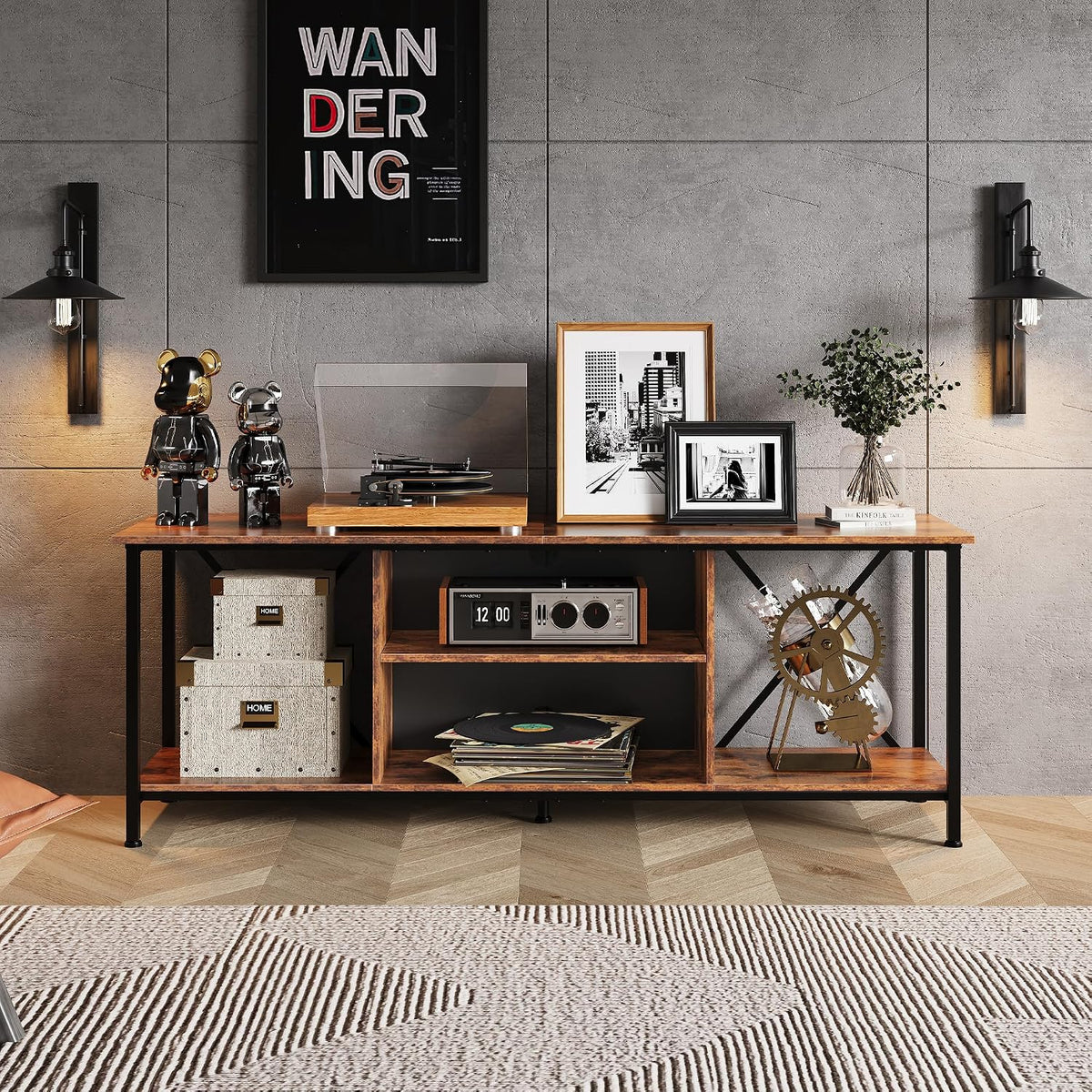 WLIVE Industrial TV Stand for Up to 65 inch TV, Heavy-Duty Metal Frame Entertainment Center with Adjustable Shelves & Cable Management, Media TV Console for Living Room Bedroom, Rustic Brown