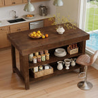 55" Solid Wood Kitchen Island with Storage, Farmhouse Kitchen Island Table with 3-Tier Open Shelves and Large Countertop for Kitchen, Dining & Living Room, Walnut