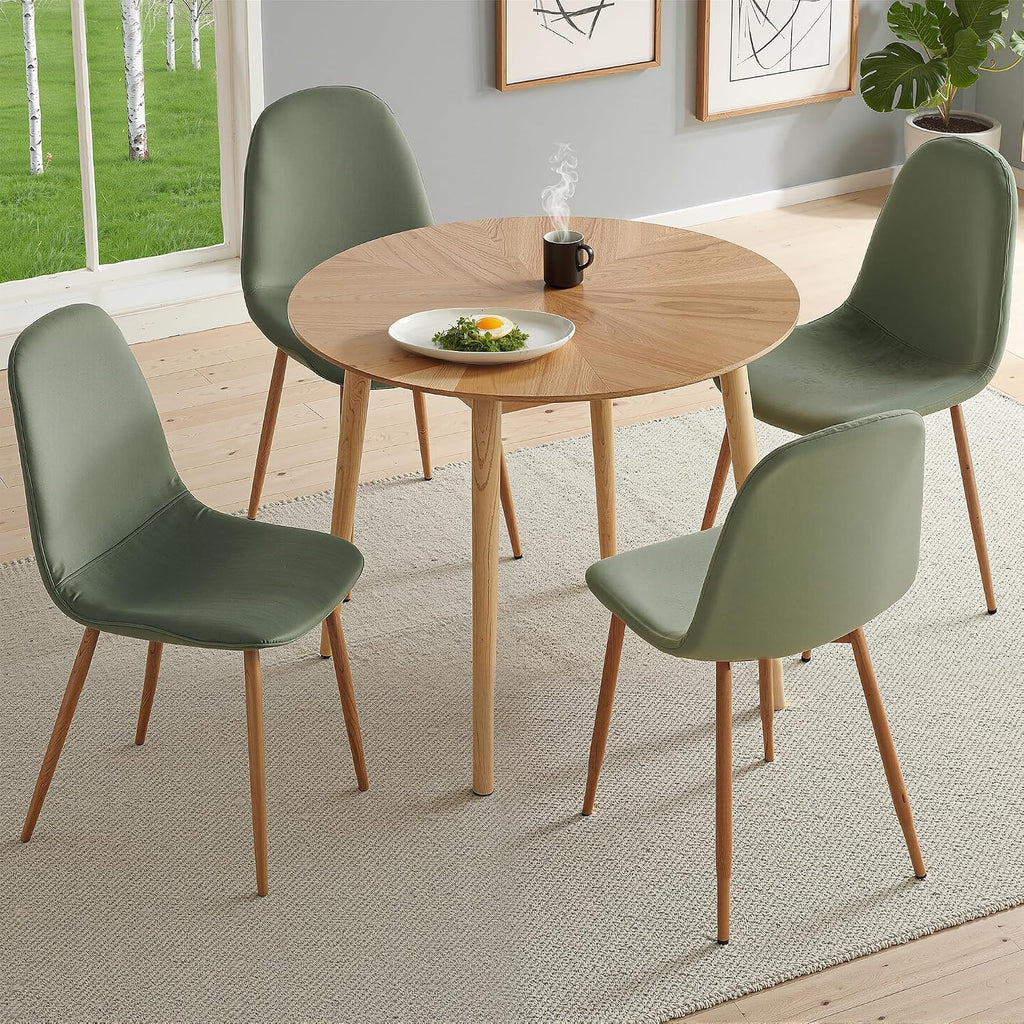 Small Oak Round Dining Table Set for 4, Modern 35'' Kitchen Coffee Table with 4 Green Velvet Dining Chairs for Dining Room Apartment