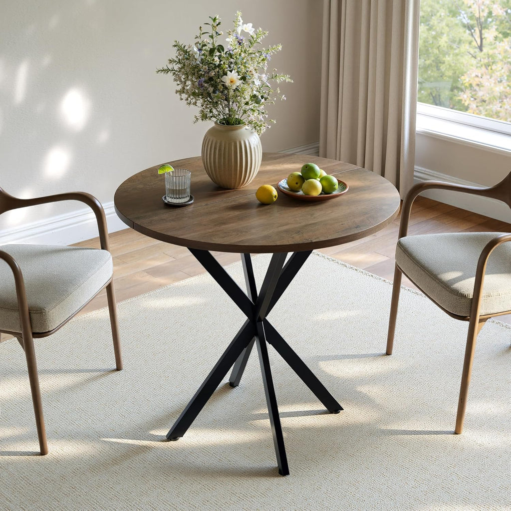 Unovivy 31.5" Small Round Dining Table for 2-4, Space Saving Circle Kitchen Dinner Table, Industrial Mid Century Modern Dining Room Desk for Kitchen, Apartment, Natural Oak