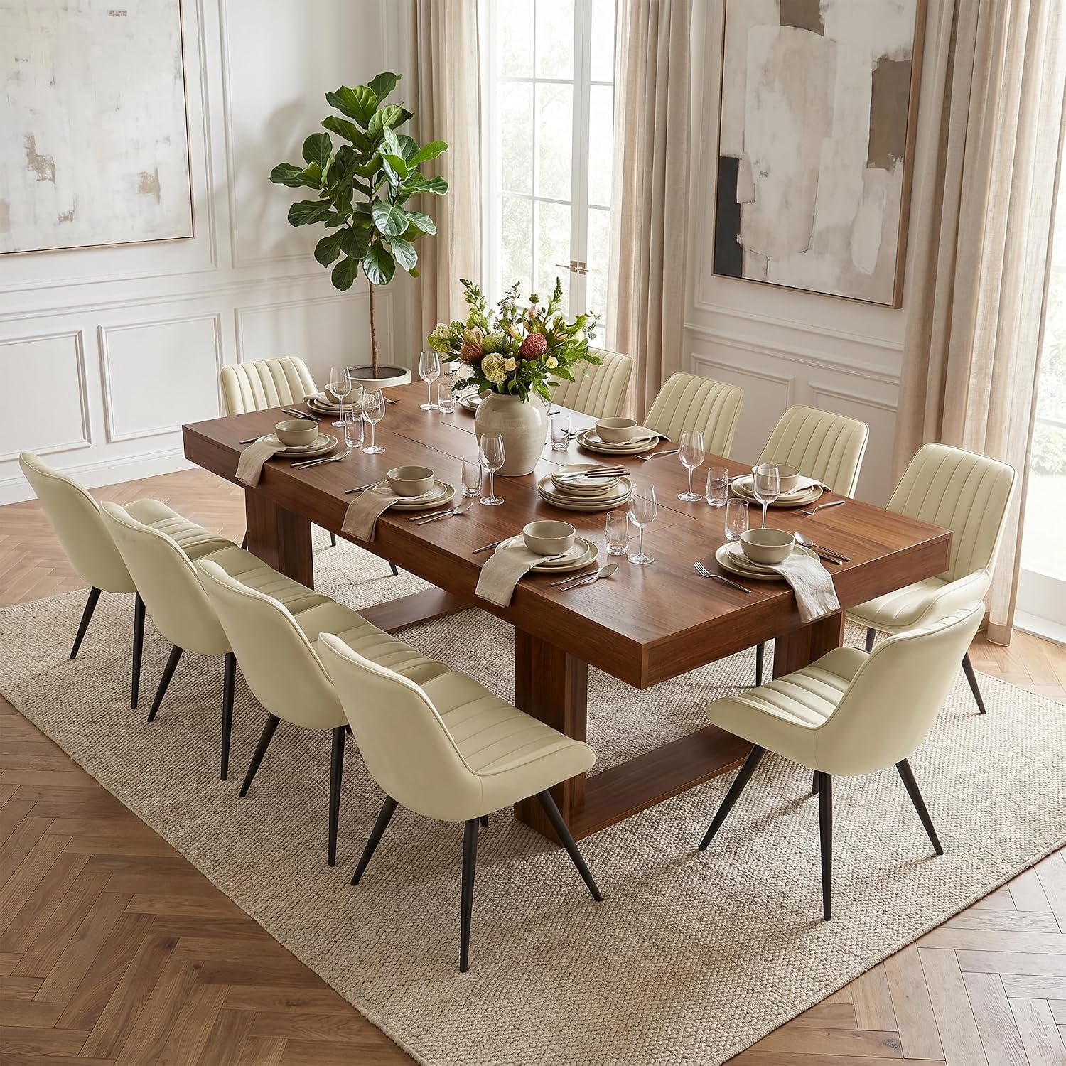 Miereirl 9-Piece Modern Farmhouse Dining Table Set, 86.6" x 47.2" Sturdy Stable Dining Table with 8 Chairs, Rectangular Kitchen Table Set for 8,(Walnut Table+8 Beige Chairs)