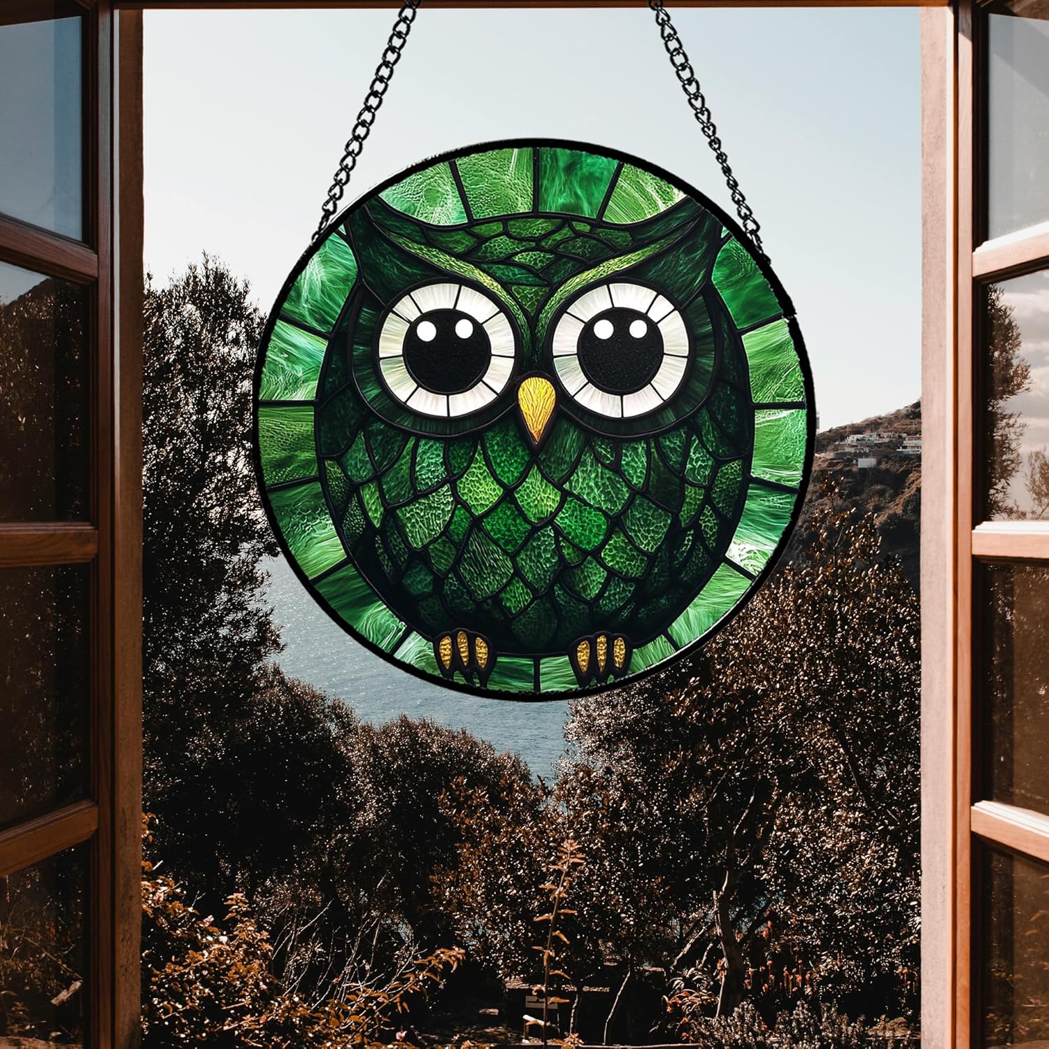 Stained Glass Window Hanging - Green Owl Suncatcher for Doors Garden Patio Funny Bird Sun Catchers Decor Christmas Mother's Day Birthday Teenager Gifts for Women Men Mom Nana Friend 7.8 in