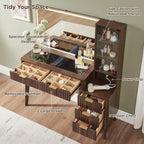T4TREAM 48" Fluted Makeup Vanity Desk with 36" Lighted Mirror, Dark Walnut | Smart LED Mirror, Visible Glass Top, 5 Drawers & Adjustable Storage Shelves, Charging Station, Bedroom Makeup Storage