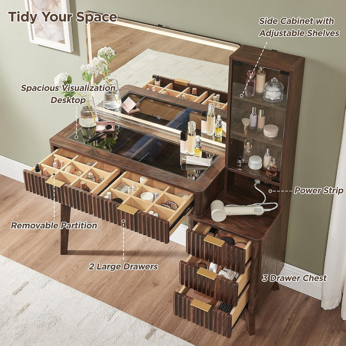 T4TREAM 48" Fluted Makeup Vanity Desk with 36" Lighted Mirror, Dark Walnut | Smart LED Mirror, Visible Glass Top, 5 Drawers & Adjustable Storage Shelves, Charging Station, Bedroom Makeup Storage