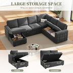104" Sectional Sleeper Sofa Bed, 7 Seat Pull Out Couch with Storage, Gray | U Shaped Sectional Couches for Living Room, Apartment and Guest Room, Chenille Upholstered Sectional Couch