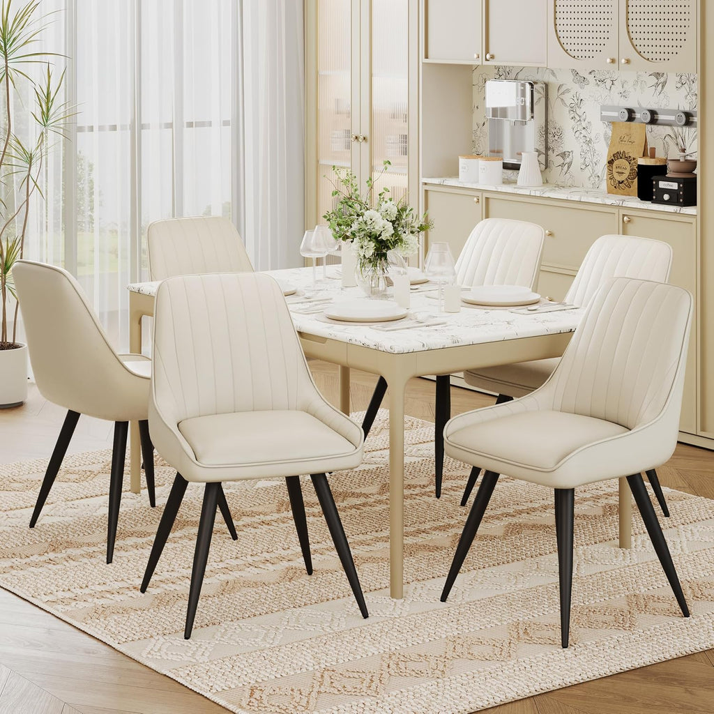 Alunaune Modern Dining Chairs Set of 6, Mid Century Upholstered Kitchen Chairs Anti Scratch Armless Leisure Accent Chair, Living Room Faux Leather Desk Side Chair with Metal Legs-Beige