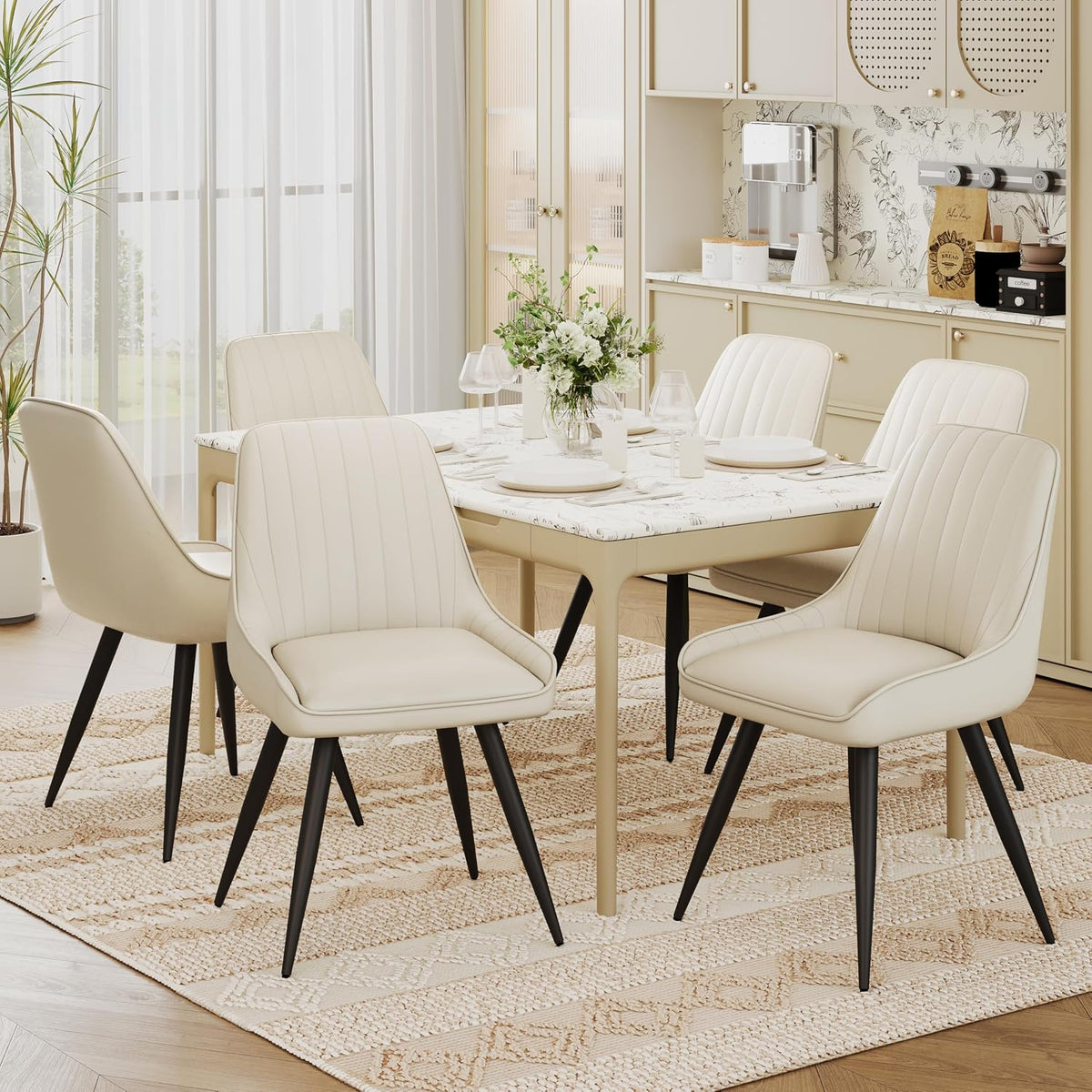 Alunaune Modern Dining Chairs Set of 6, Mid Century Upholstered Kitchen Chairs Anti Scratch Armless Leisure Accent Chair, Living Room Faux Leather Desk Side Chair with Metal Legs-Beige
