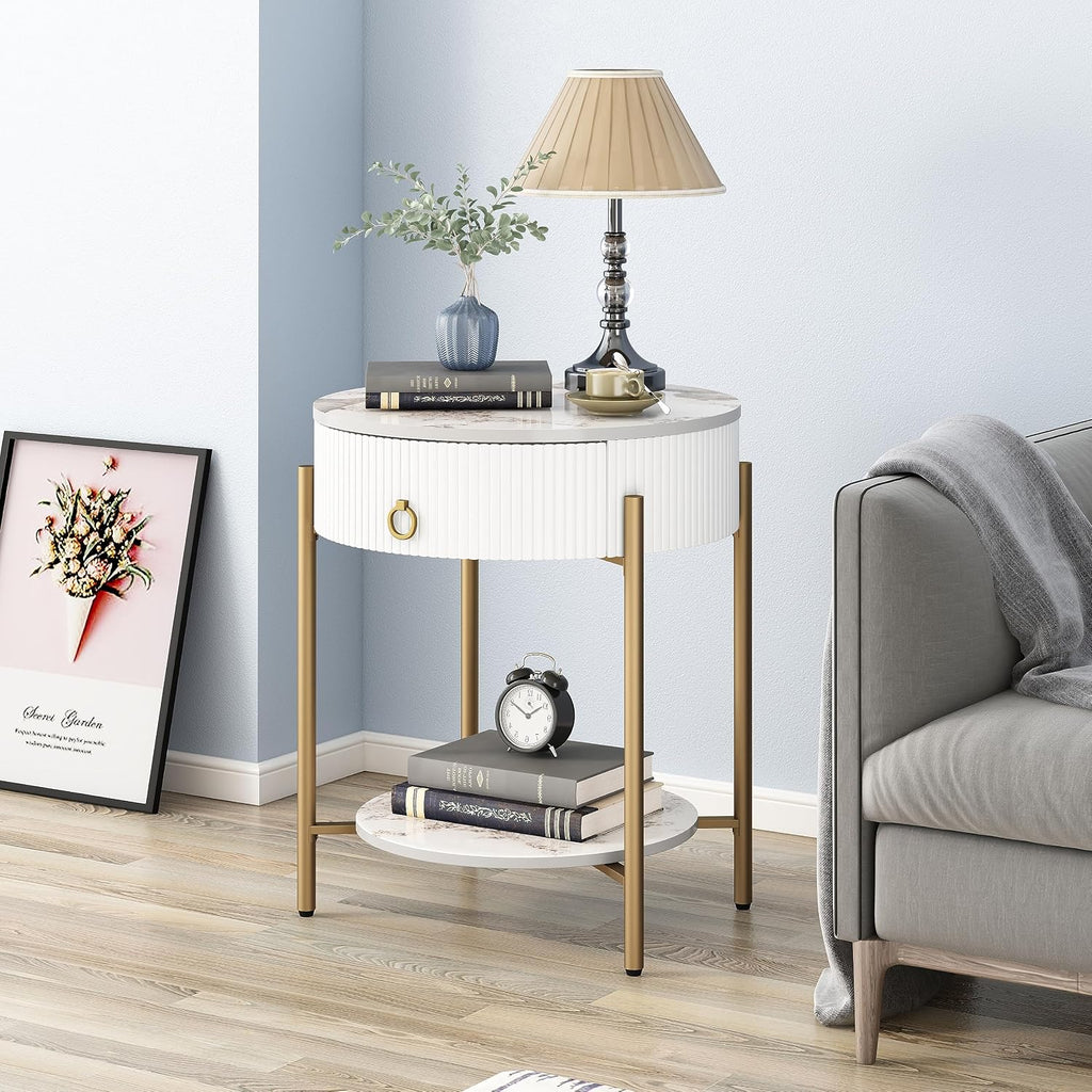 OIOG Round End Table, Nightstand with Storage, Marbling Natural Stone/Gold
