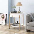 OIOG Round End Table, Nightstand with Storage, Marbling Natural Stone/Gold