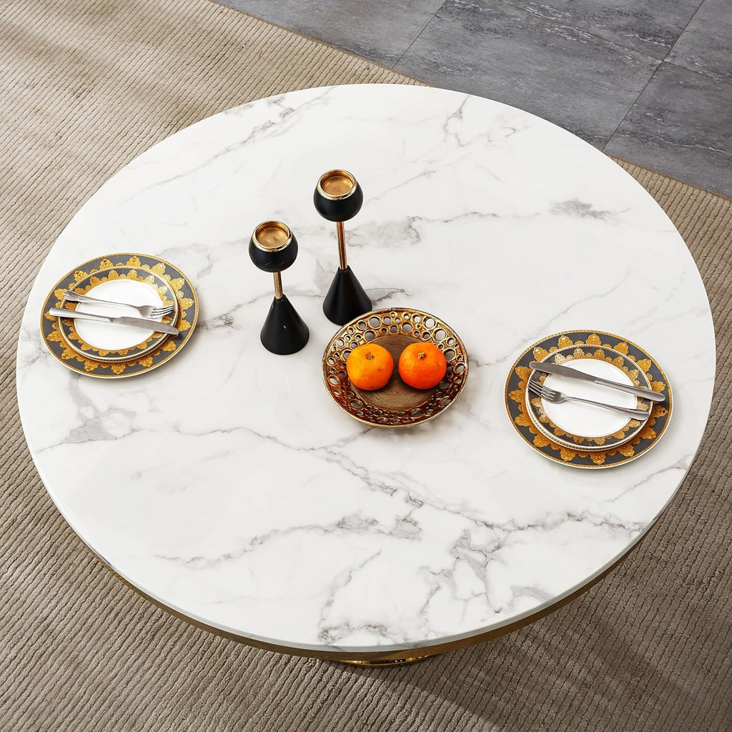 GlyphForm 47" Round Faux Marble Dining Table for 4 to 6, Luxury Modern White Kitchen Table with Gold Stainless Steel Spiral Base Frame, easy to clean Heavy Duty Dining Room Table for Home Office, MDF