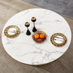 GlyphForm 47" Round Faux Marble Dining Table for 4 to 6, Luxury Modern White Kitchen Table with Gold Stainless Steel Spiral Base Frame, easy to clean Heavy Duty Dining Room Table for Home Office, MDF