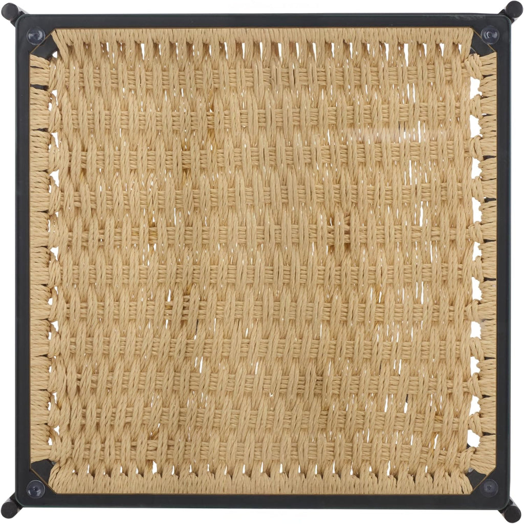 SAFAVIEH Home Collection - Omaka Square End Table, Black Metal Frame with Glass Top and Natural Woven Shelf (ACC2325A)