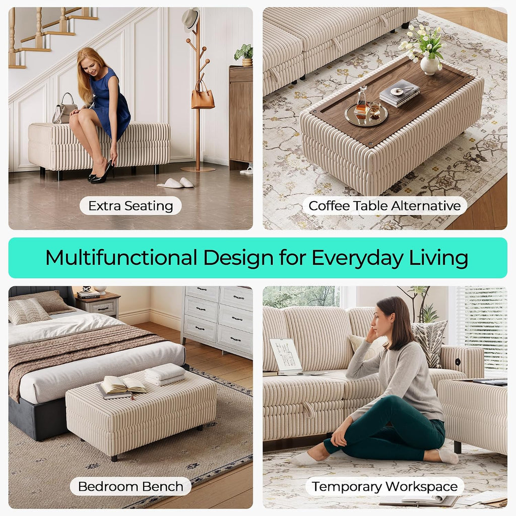 LINSY HOME Storage Ottoman Bench, 40" Convertible Coffee Table Plush Corduroy Foot Rest Ottoman for Living Room, Bedroom, Guest Room, Entryway, Beige