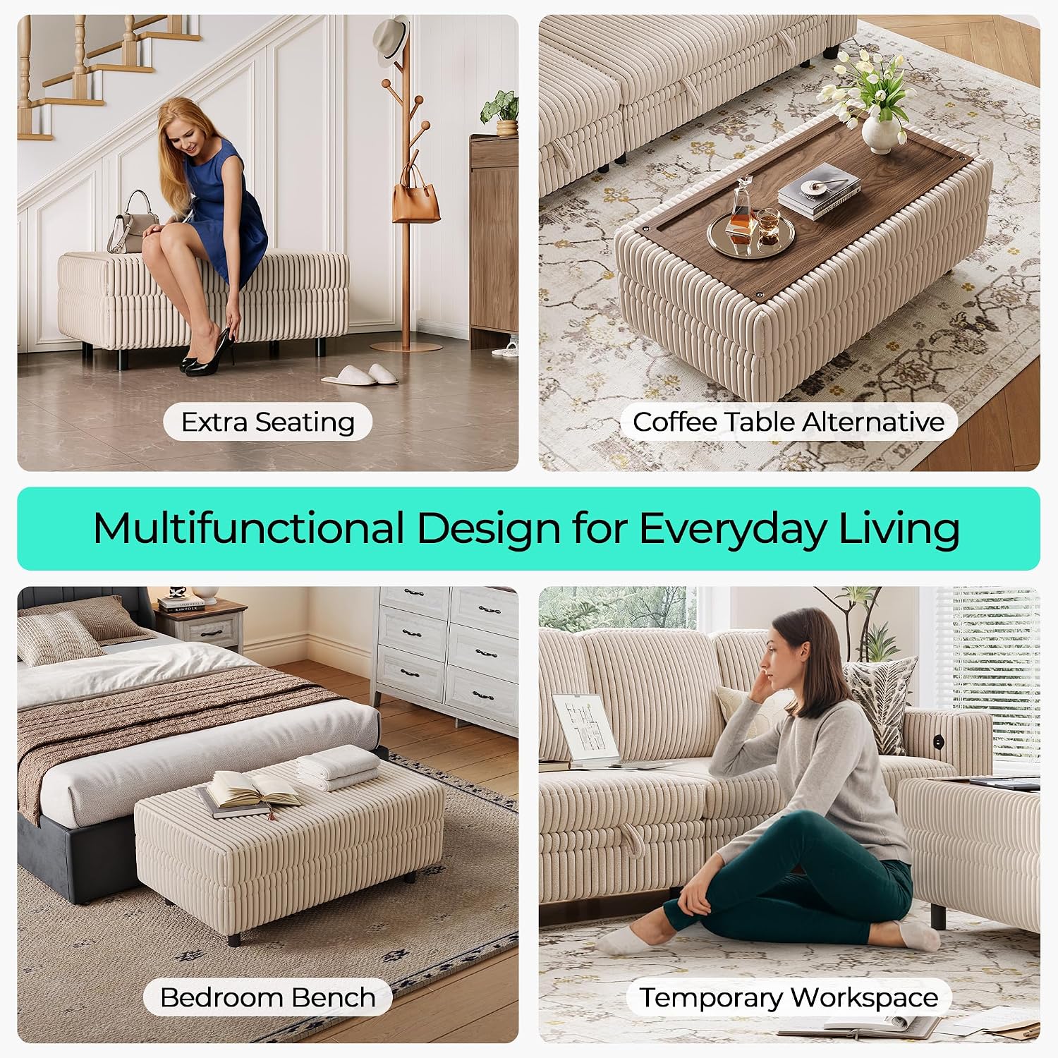 LINSY HOME Storage Ottoman Bench, 40" Convertible Coffee Table Plush Corduroy Foot Rest Ottoman for Living Room, Bedroom, Guest Room, Entryway, Beige