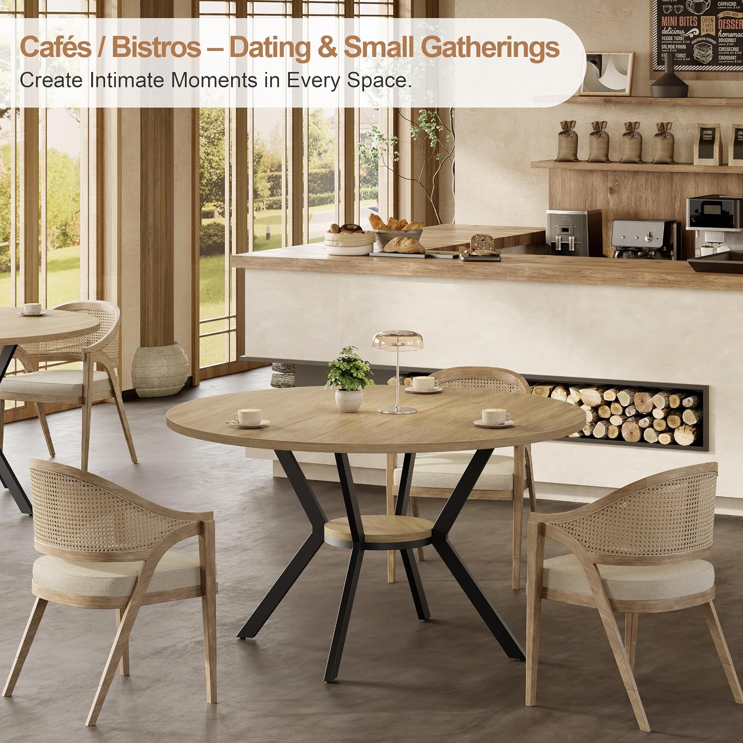 MECHYIN 42'' Round Dining Table for 2–4, Farmhouse Round Kitchen Table with Storage Shelf, Pedestal Dinner Table, Wood Top & Metal Base, Small Space Table for Apartment, Dining Room, Light Oak