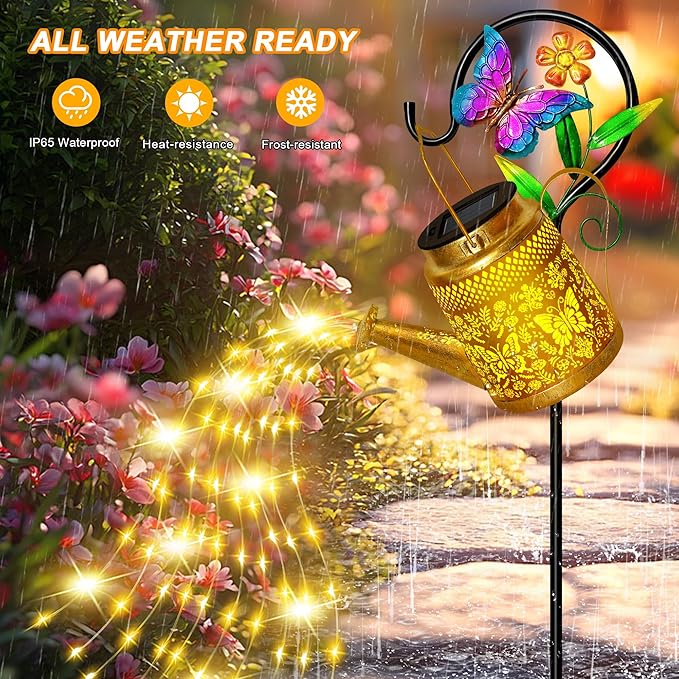 Solar Watering Can Lights Outdoor Garden Decor, Large Butterfly Hanging Lantern with Shepherd Hook, Waterproof Garden Lights for Outdoor Landscape Pathway Yard, Gift for Mom Grandma