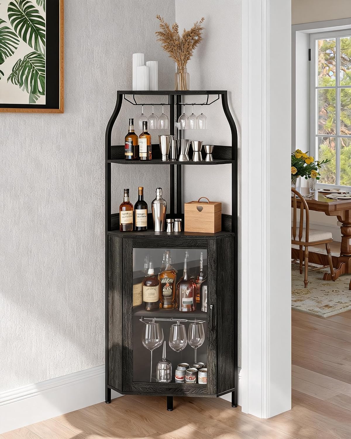 Garvee Corner Bar Cabinet with Power Outlet, Industrial Wine Cabinet with LED Strip and Glass Holder, 5-Tiers Liquor Cabinets Bar Unit for Home, Corner Display Cabinets for Small Space