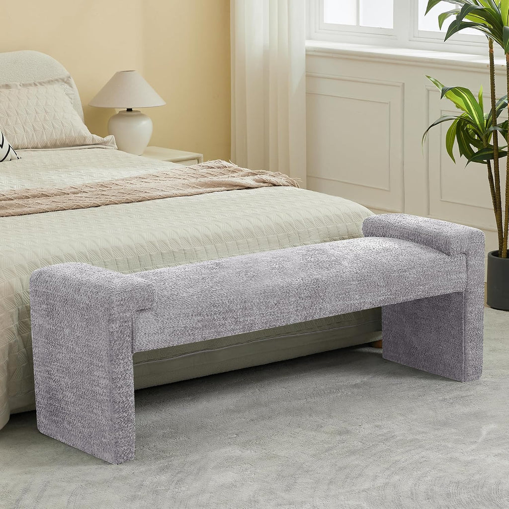 WUTUTUEE 58.7" End of Bed Bench Upholstered Modern Bedroom Bench for Living Room & Entryway, Easy Assembly, Footrest Ottoman Accent Window Bench with Solid Wood Frame & Curved Arm, Grey