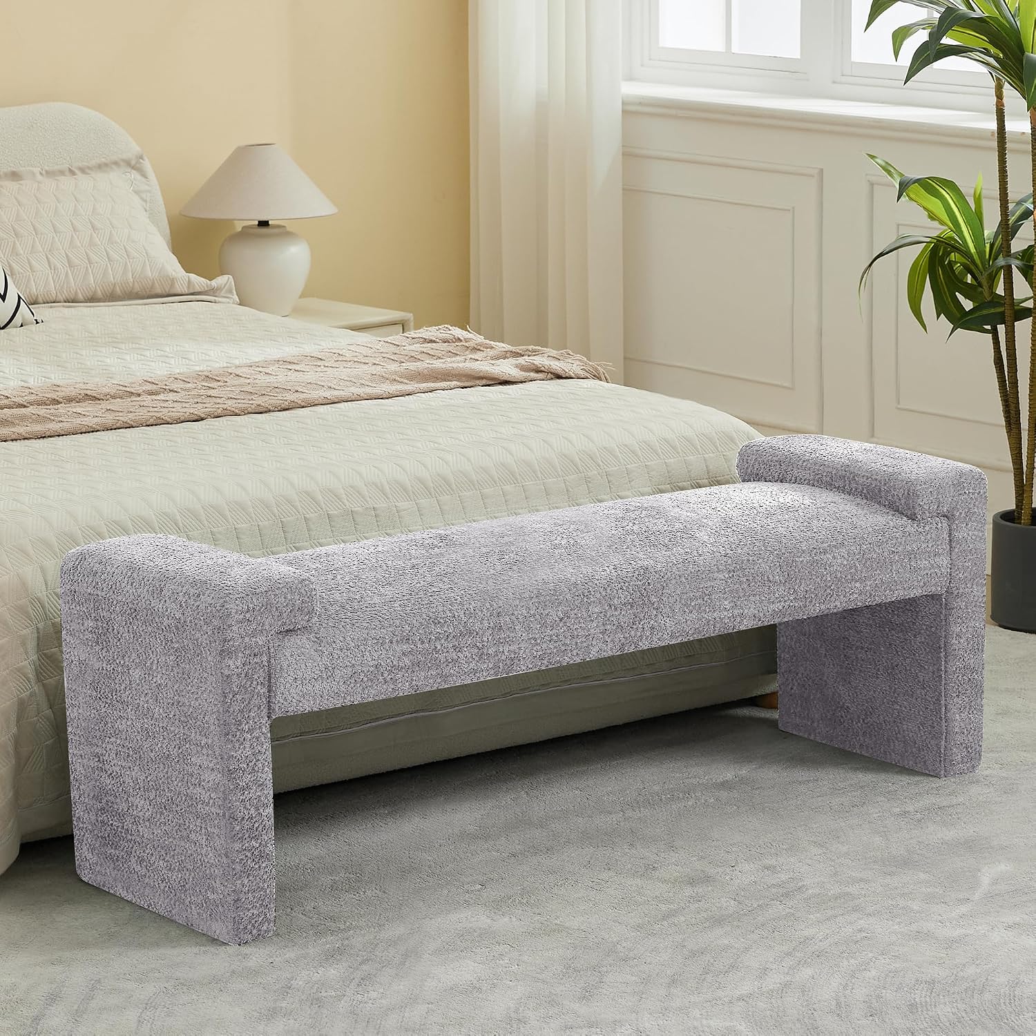 WUTUTUEE 58.7" End of Bed Bench Upholstered Modern Bedroom Bench for Living Room & Entryway, Easy Assembly, Footrest Ottoman Accent Window Bench with Solid Wood Frame & Curved Arm, Grey