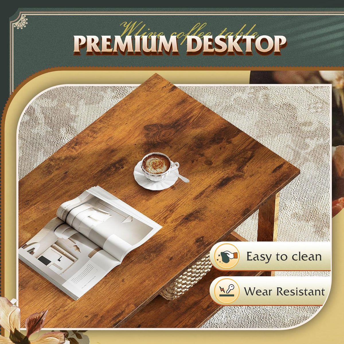 WLIVE 39.4" Farmhouse Coffee Table, Wood Center Table Storage Dark Brown