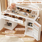 Vanity Table with Mirror and Lights, 55" Large LED Makeup Mirror with 3 Color Modes, Modern Dressing Table with Drawers and Cabinets, HD Glass Top Beauty Desk for Bedroom, Gift for Women