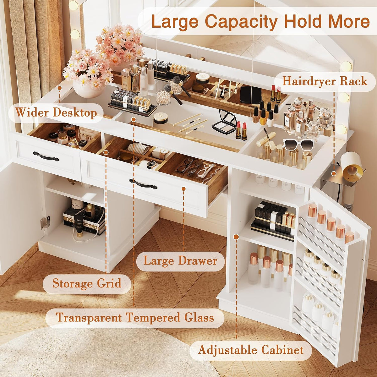Vanity Table with Mirror and Lights, 55" Large LED Makeup Mirror with 3 Color Modes, Modern Dressing Table with Drawers and Cabinets, HD Glass Top Beauty Desk for Bedroom, Gift for Women