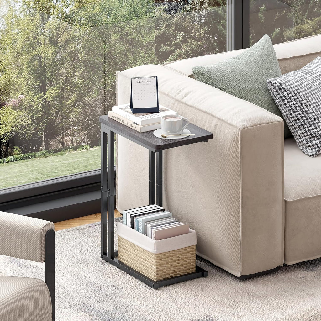 Yusong C Shaped End Table - Slide Under Sofa Couch Bed, Small Table for Small Spaces, Skinny Overbed, Coffee Drink Snack Table for Living Room, Grey Oak