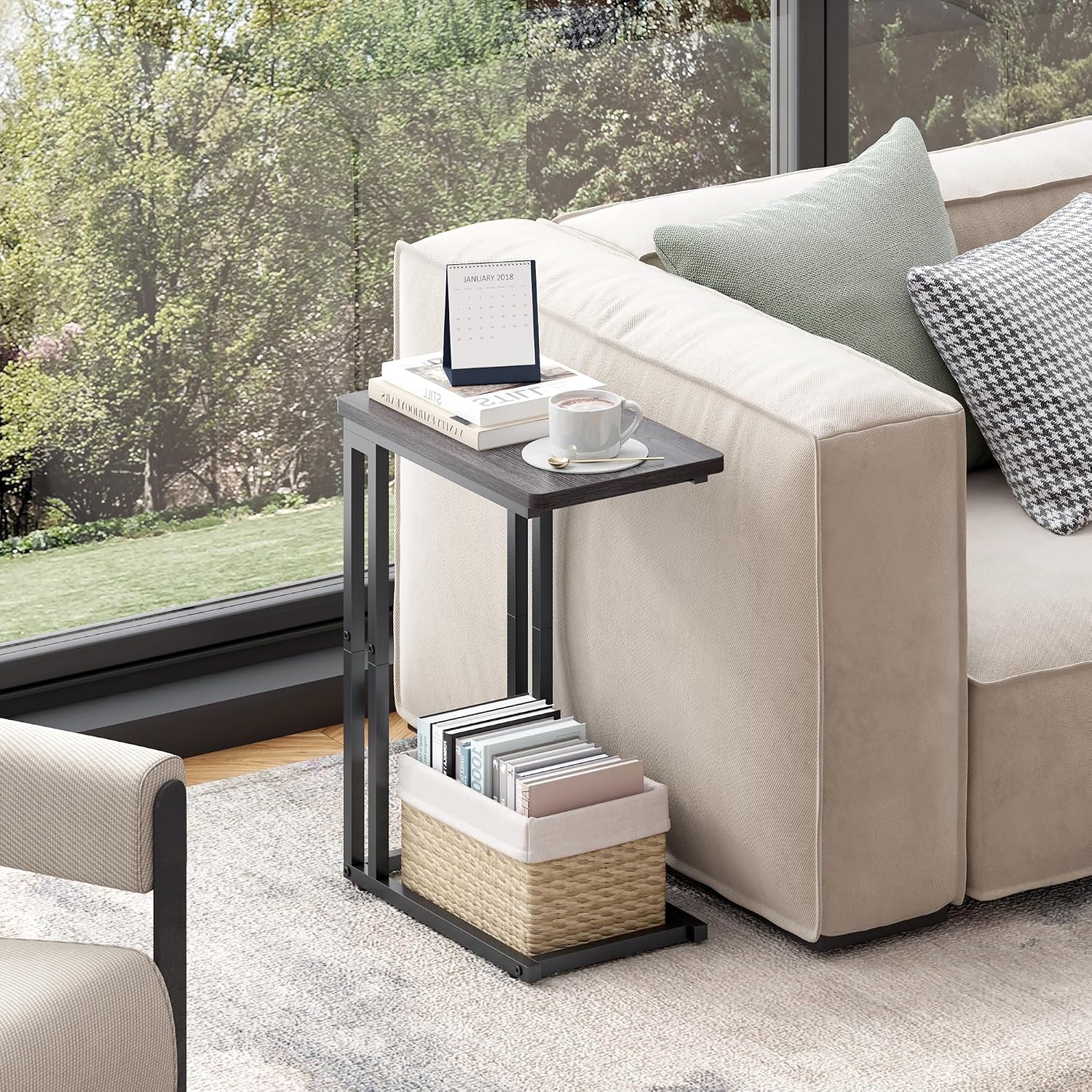 Yusong C Shaped End Table - Slide Under Sofa Couch Bed, Small Table for Small Spaces, Skinny Overbed, Coffee Drink Snack Table for Living Room, Grey Oak