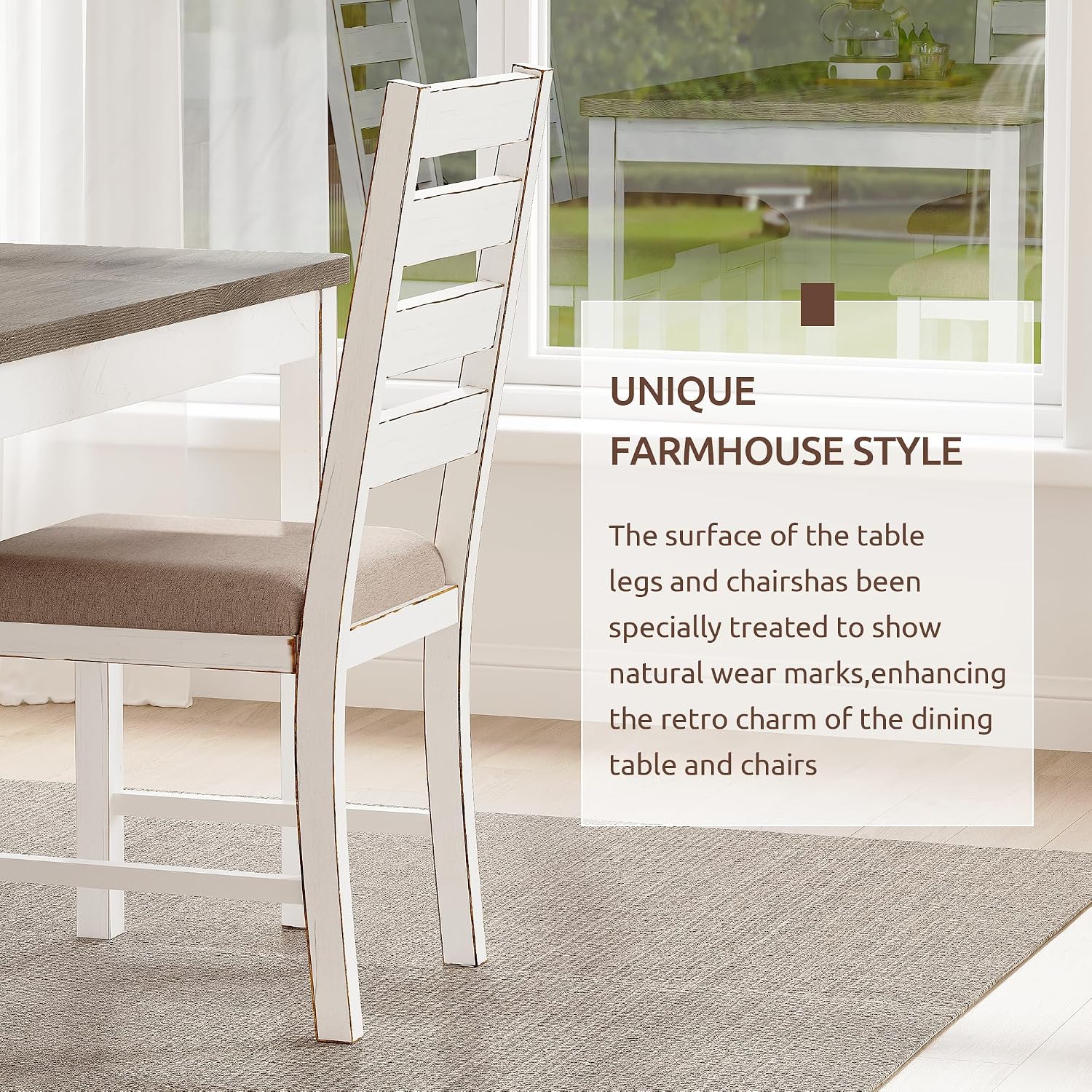 59" Dining Table Set Farmhouse Rectangular White Kitchen Room Table & Chairs Set Solid Wood Stable Space Saving Easy Clean (1 Bench& 4 Chairs)